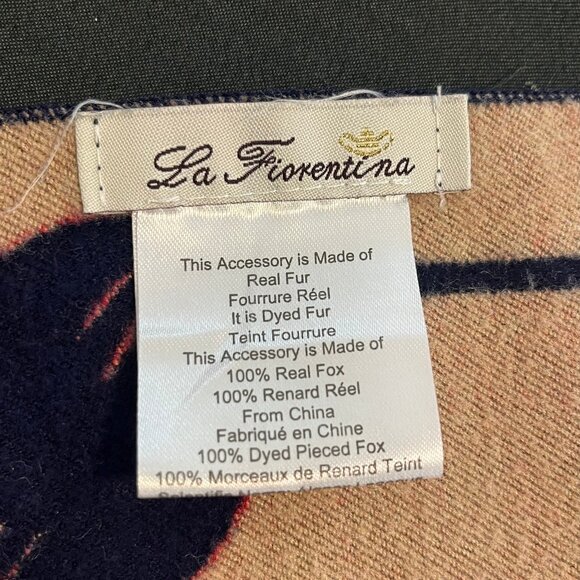 La Fiorentina Floral Print Wrap with Real Fox Poms – Blue/Tan - Picture 5 of 5